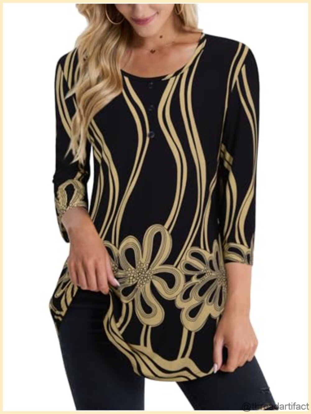 Womens Tunic Top 3/4 Sleeve Round Neck A-Line Casual Blouse